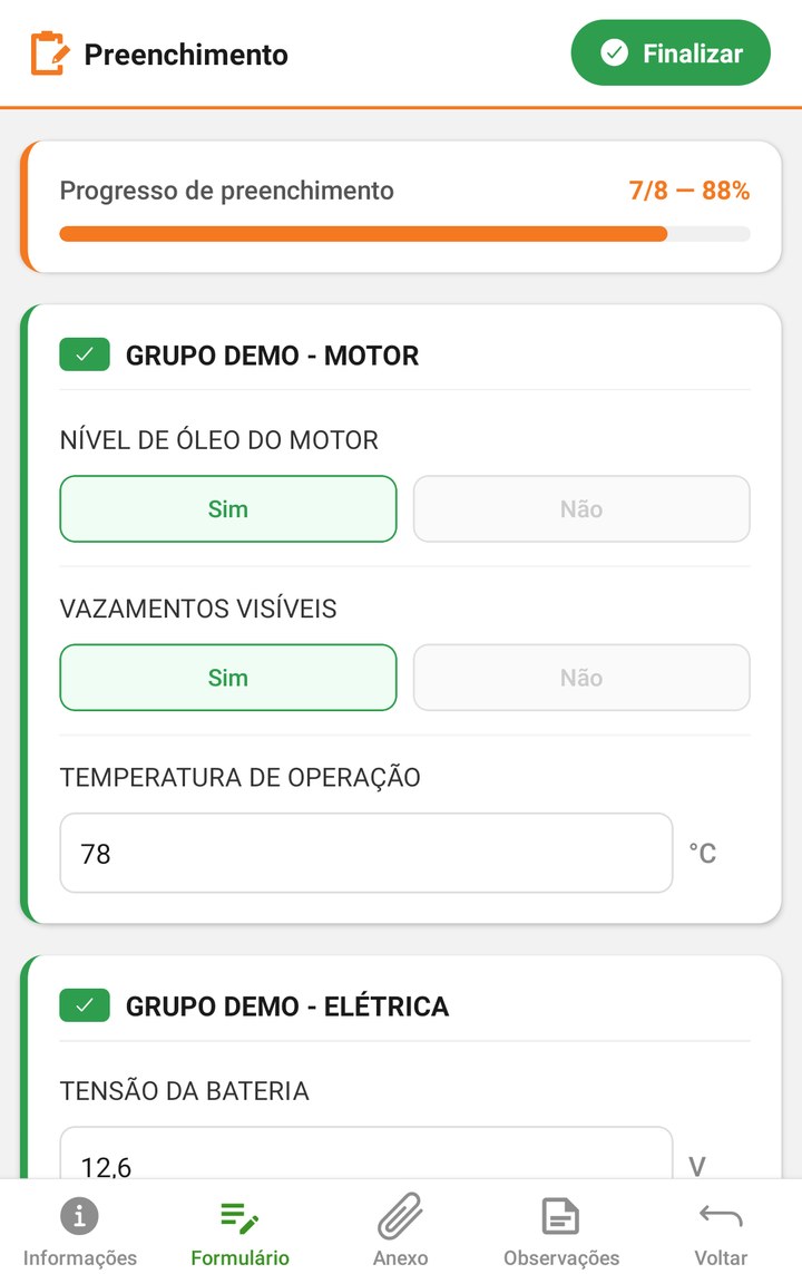 Checklist em preenchimento com barra de progresso
