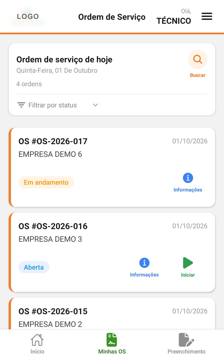 Lista de ordens de serviço do técnico, com situação e botão de iniciar