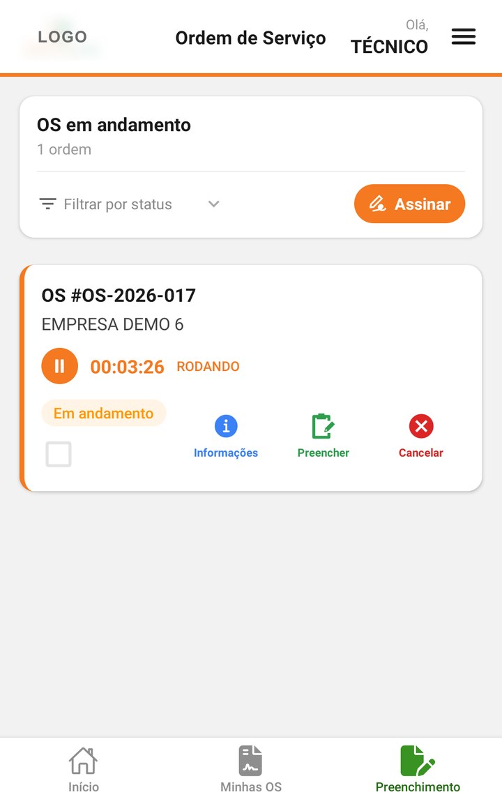 Ordem em andamento com cronômetro rodando e botões de informações e preenchimento