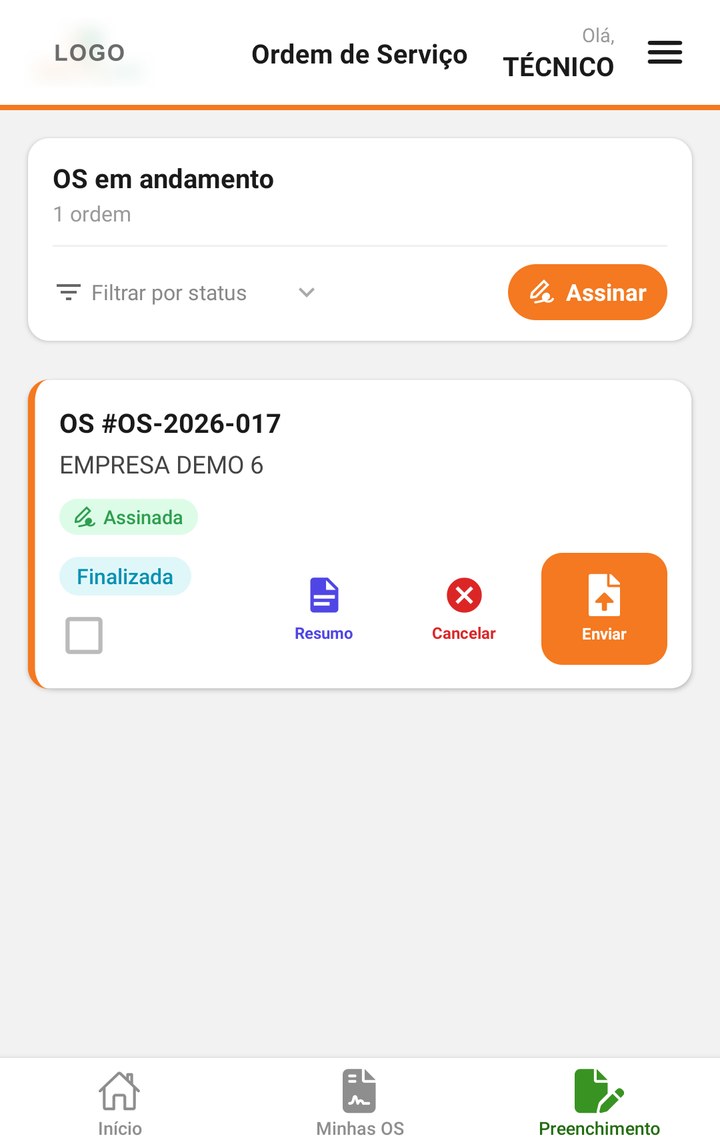 Ordem assinada e finalizada, com o botão de enviar