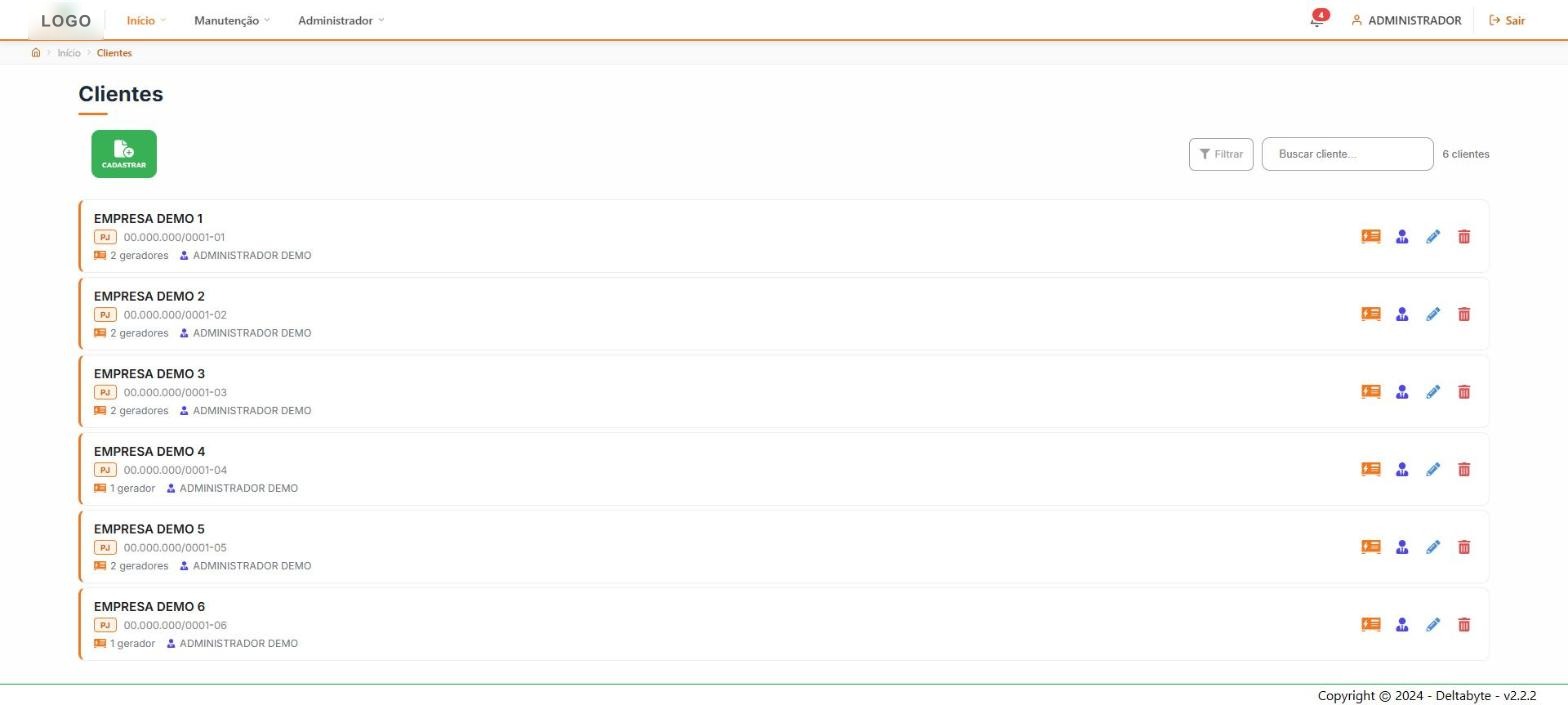 Lista de clientes com quantidade de geradores e responsável