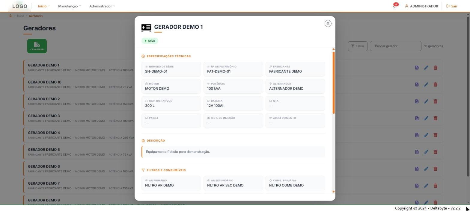 Ficha técnica de um gerador com especificações e filtros