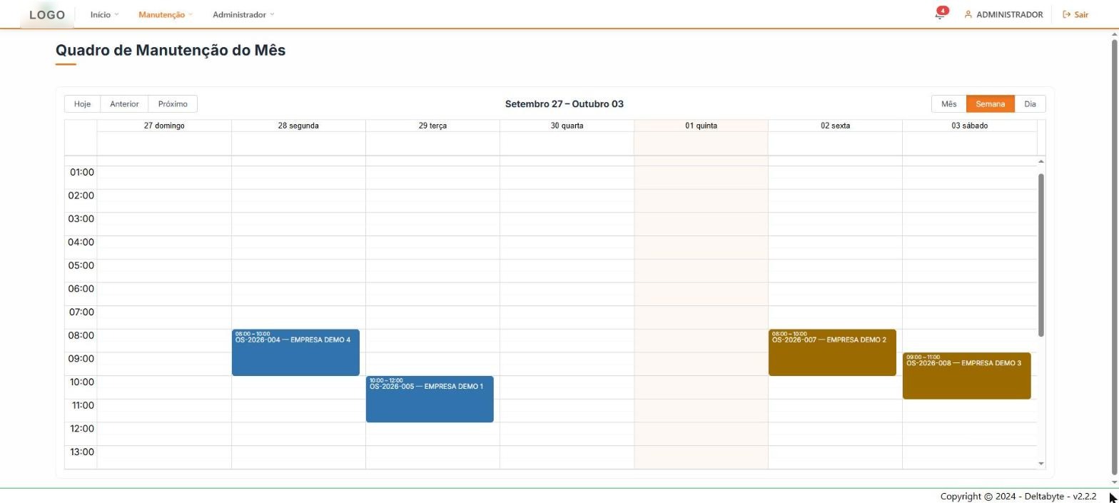Calendário semanal com as ordens de serviço por horário