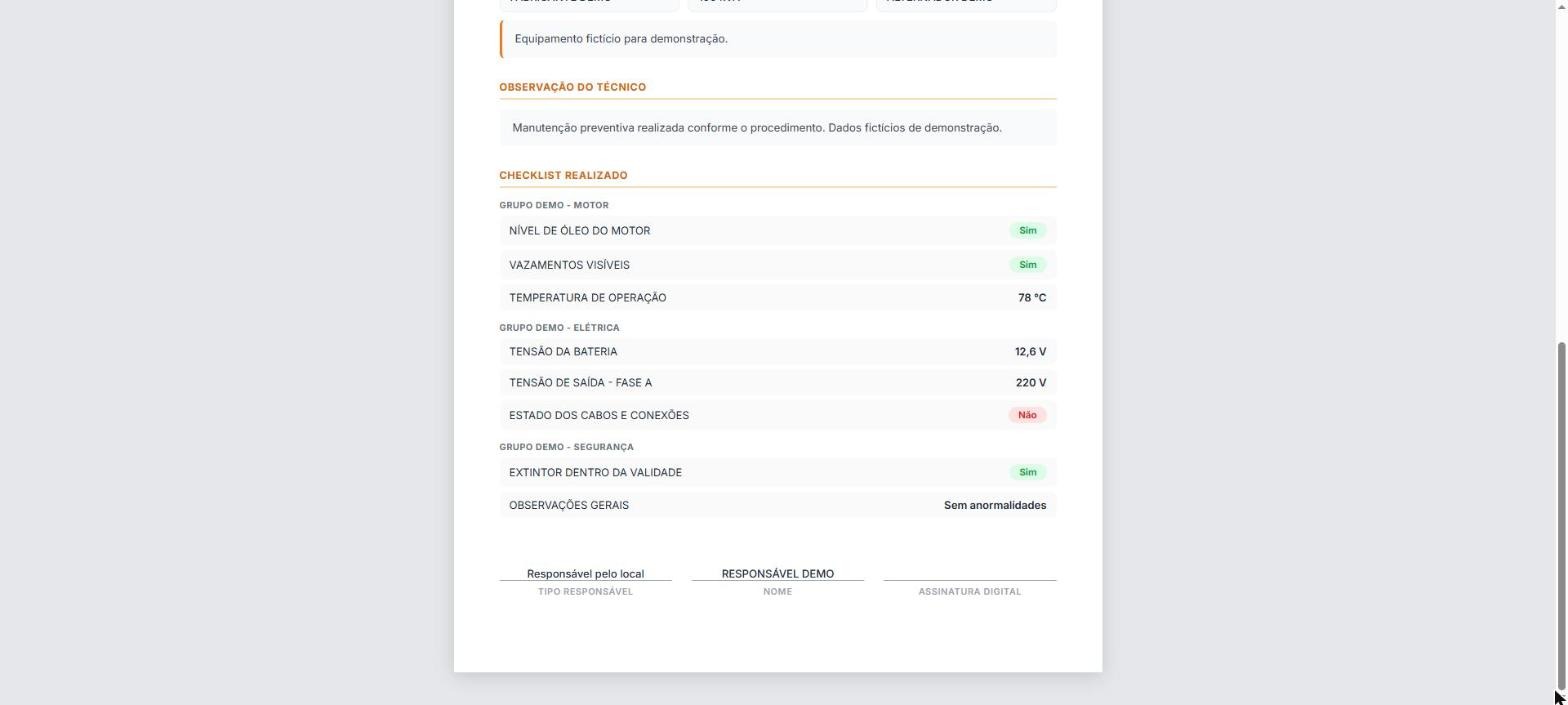 Parte do relatório com o checklist realizado e os campos de assinatura