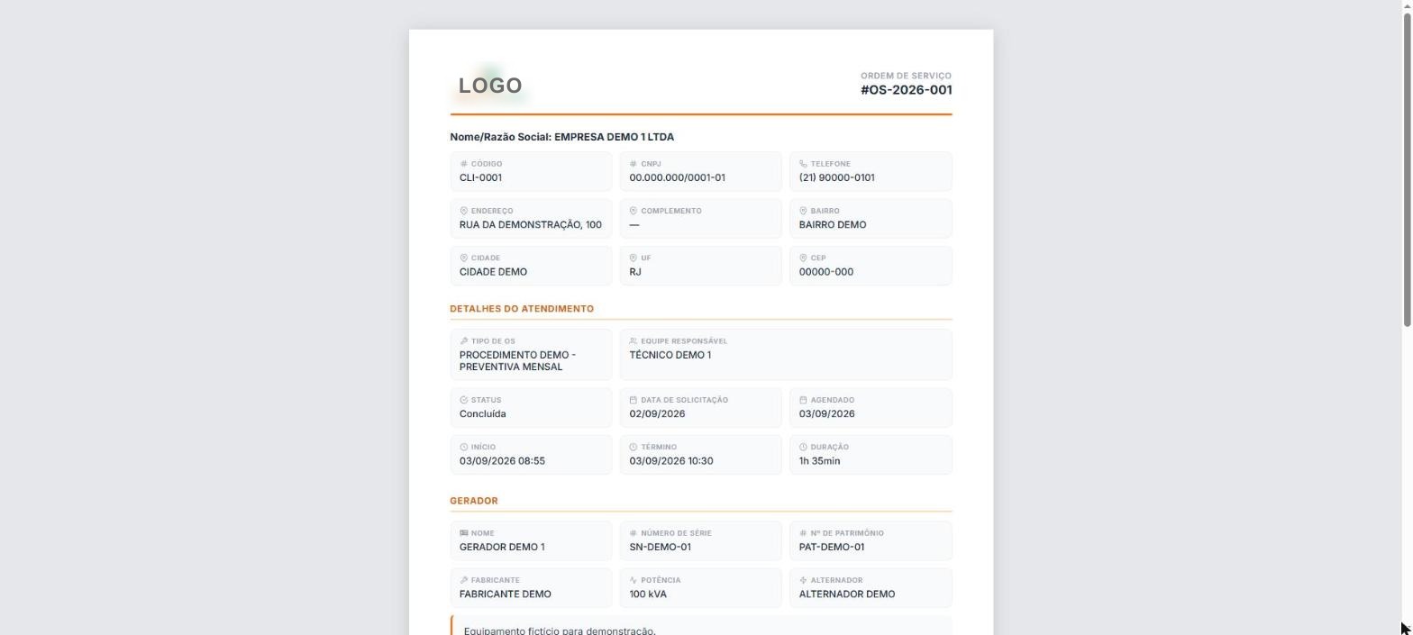 Relatório de ordem de serviço com dados do cliente, do gerador e do atendimento